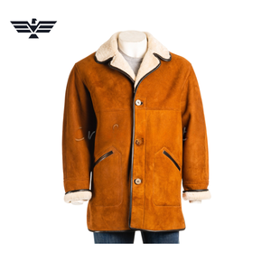 Veste en cuir suédé marron longue pour homme, col rabattu, doublure en fausse fourrure, logo sur le devant, coupe-vent, hiver, décontractée, coupe régulière - Product Image 4
