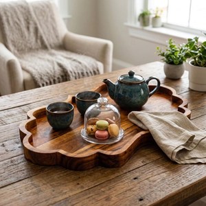 Bandeja de servir hecha a mano de madera de acacia con borde festoneado ornamental, decoración rústica estilo granja, bandeja de madera multiusos, bandeja de madera para servir alimentos. - Product Image 5