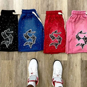 Shorts en gros pour hommes, en coton molletonné, style jogging français, avec strass, logo sérigraphié, poche, délavé à l'acide, vintage - Product Image 2