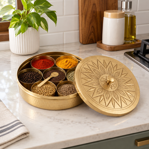 Handcrafted Round Brass Spice Box Starburst Engraved <b>Lid</b> Masala Dabba Kitchen Storage Container <b>With</b> Spoon for Home Hotel Decor - Product Image 2