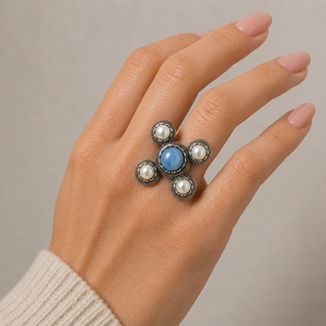 ELVORA GEMS Vintage 925 <b>Silver</b> Cocktail <b>Ring</b> Lapis Lazuli Pearls Geometric <b>Cross</b> Design Bezel Setting Women's Everyday Wear - Product Image 1