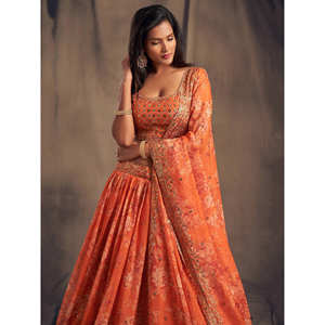 Conjunto de festival de organza elegante Lehenga Choli para mujer con estampado floral naranja - Product Image 3
