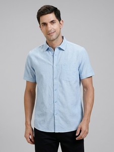 Camisa Casual de Popelina de Algodón de Manga Corta Azul Claro para Hombre, Cuello Camisero, Color Sólido, Transpirable, para Verano - Product Image 1