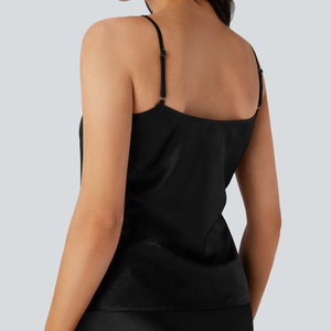 Débardeur en soie noire pour femme, col carré, élégant, en satin, longueur normale, couleur unie, tissu tissé - Product Image 5