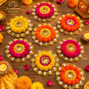 Porte-bougie décoratif Pom Pom Gota Mirror Rangoli pour Diwali, décoration de maison, centre de table de mariage, cadeau festif, bois et métal - Product Image 3