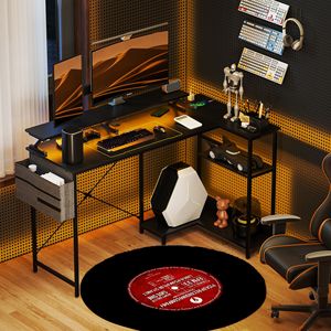 58\" Reversible L Shaped <b>PC</b> Desk Corner Desk with Monitor <b>Stand</b> Power Outlets LED Lights Bookshelf Black - Product Image 2