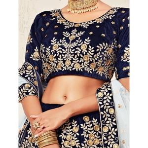 Azul Marino terciopelo bordado nupcial Lehenga Choli fascinante vestido de novia - Product Image 3