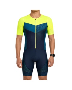 Combinaison de cyclisme pour homme, jaune fluo et bleu, aérodynamique, séchage rapide, compression modérée, extensible dans les 4 sens, manches courtes, fermeture éclair intégrale - Product Image 1