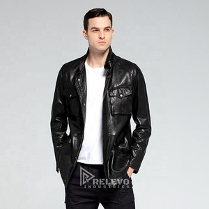 Black Men's Genuine <b>Leather</b> <b>Winter</b> Bomber <b>Jacket</b> with Stand Collar Front Logo Zipper Closure RELEVO INDUSTRY Spandex Lining - Product Image 2