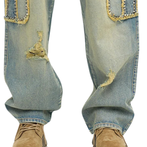 Jeans Cargo Azul Claro para Hombre, Corte Regular, Desgastados, con Parches y Bolsillos, Estilo Urbano Informal, Holgados, 100% Algodón, Color Sólido - Product Image 5