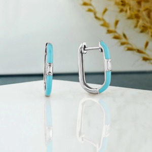 14k Gold Turquoise Enamel Hoop <b>Earrings</b> Baguette Diamond Lever <b>Back</b> Dainty Colorful Fine Jewelry Elegant Art Deco Inspired Gift - Product Image 6