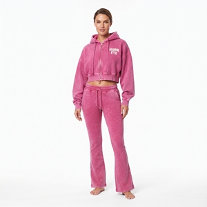 Conjunto de Mujer: Top Corto de Algodón con Efecto Ácido y Hombros Caídos de Manga Larga y Pantalones Jogger de Pierna Ancha, Fabricación al por Mayor con Logotipo Personalizado - Product Image 1