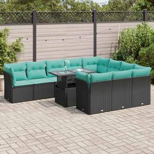 Ensemble de canapés de patio en polyrotin noir et bois d'acacia, 11 pièces, avec coussins, pour canapés de jardin - Product Image 1