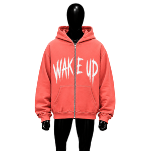 Sudadera con capucha extragrande rosa coral con cremallera completa y estampado gráfico Wake Up, estilo urbano informal para hombre - Product Image 1