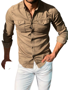 Chemise en jean vert olive pour homme, manches longues, col rabattu, couleur unie, coupe ajustée, style décontracté, tissée - Product Image 4