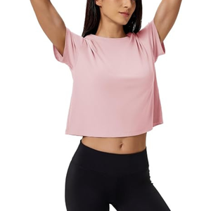 Custom <b>Pink</b> <b>Cropped</b> Short Sleeve Knitted O-Neck Solid Color Custom Logo Casual Breathable Gym Tank <b>Top</b> - Product Image 1