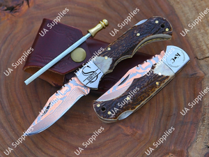 Couteau utilitaire pliant EDC de poche en acier Damas cuivré avec manche en corne de cerf pour le camping, la chasse, la survie, facile à transporter, OEM - Product Image 4