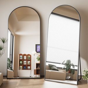 Specchio ad Arco a Figura Intera 180 cm x 76,5 cm, da Parete o da Terra con Supporto, Vetro Infrangibile, Nero - Product Image 2