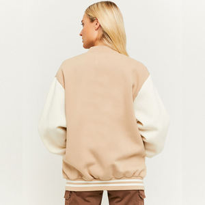 Women's Winter Varsity Bomber Jacket Two-Tone Quilted Wool Beige Body Leather Sleeves Casual Streetwear Cotton Eco-Friendly - Product Image 2