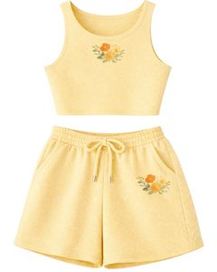 Ensemble décontracté deux pièces pour femme : débardeur court côtelé et short à cordon de serrage, broderie florale jaune douce – Fabricant - Product Image 1