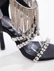 รองเท้าแตะส้นสูงสีดำประดับลูกปัดหรูหราสำหรับผู้หญิงสายรัดข้อเท้าประดับพลอยเทียมส้นเข็มสำหรับงานเลี้ยงงานแต่งงานที่หรูหรา - Product Image 3