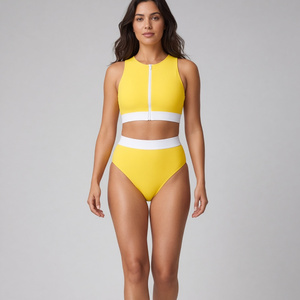 Ensemble tankini jaune deux pièces pour femme, haut court à col montant, bas taille haute, bordure contrastante, maillot de bain en Spandex et Nylon - Product Image 1