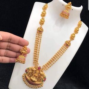 Temple Matte Style Traditional Necklace <b>Set</b> with Kemp Stone-Rhodium Plated Gold <b>Bridal</b> Fine <b>Jewelry</b> - Product Image 1