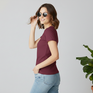 Camiseta Ecológica de Manga Corta y Cuello Redondo para Mujer, Color Granate, Mezcla de Algodón de Alta Calidad, Precio al por Mayor - Product Image 6