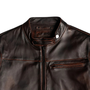 Men’s Distressed Dark Brown Genuine Leather <b>Racer</b> <b>Jackets</b> Snap Tab Collar Zip Front Slim Fit Vintage Motorcycle Casual Outerwear - Product Image 5