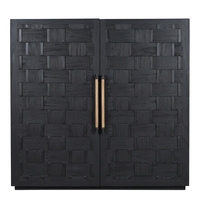 Buffet moderne noir en bois avec texture tressée, 2 portes, longues poignées en laiton, pour salon, salle à manger, entrée