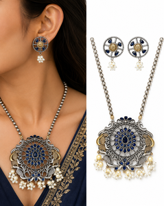 Parure Collier et Boucles d'Oreilles Pendante Mandala Bleu Royal en Zircon Plaqué Argent Oxydé Style Bohème pour Mariage Femme - Product Image 1