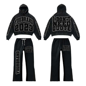 Custom Oversized Distressed Zip Hoodie Stacked Flare Pants Winter Acid Wash Tracksuit Men's High Quality Cotton Sweat suit Set - Product Image 5
