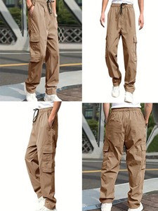 Pantalon cargo ample pour homme, couleur unie, coupe ample, multi-poches, fermeture à cordon, 100% coton, séchage rapide, respirant, élastique - Product Image 2