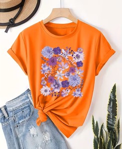 Women's Floral Heart Print 100% Cotton Short Sleeve Crew Neck T-Shirt Casual Spring Summer Wear Breathable Loose Fit - Product Image 3