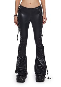 Pantalon en cuir véritable noir à dentelle, taille haute, style gothique, coupe droite, longueur intégrale, écologique, pour l'hiver, tenue de club - Product Image 4