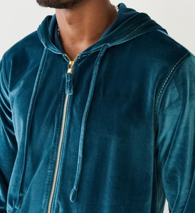 Men Eco-Friendly Lightweight Velour Tracksuit Hooded Full <b>Zip</b> Print Casual Autumn Style Pants Set Regular Fit Side Pockets - Product Image 4