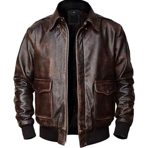 Men Vintage Leather Bomber <b>Jacket</b> Genuine Cowhide Winter Coat Casual <b>Pilot</b> Style Ribbed Cuffs Outerwear - Product Image 4