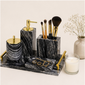 Ensemble d'accessoires de salle de bain en marbre noir naturel au design moderne avec accents en laiton doré, distributeur de savon, porte-brosse à dents, porte-savon - Product Image 4