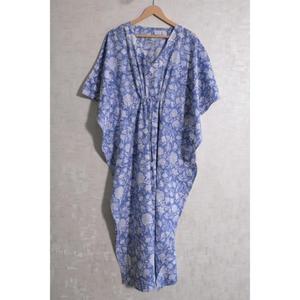 100% Cotton Block Print Kaftan for Women <b>Boho</b> Floral Maxi <b>Dress</b> V-neck Batwing Sleeves Eco-Friendly Lightweight <b>Summer</b> Beach - Product Image 1