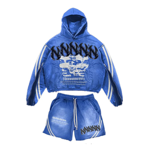 Custom Logo Streetwear Rhinestone Acid Wash Hoodie Heavy Cotton Screen Printing Sweatsuit Vintage Hoodies And Shorts Set For Men - Product Image 2