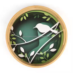 Bas quantité minimale de commande décoratif beau motif d'oiseau personnalisé rond cadre en bambou plateau de service avec poignée pour la restauration ustensiles vaisselle - Product Image 4