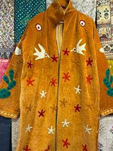 Screen Printed Knitted Suzani Love Jacket Boho Floral Statement <b>Coat</b> with Drawstring Closure (100% Cotton 50" Length) - Product Image 3