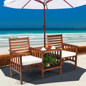 Acacia <b>Wood</b> Loveseat Outdoor Patio <b>Table</b> and Chairs Set 3-Piece <b>Garden</b> Furniture - Product Image 6