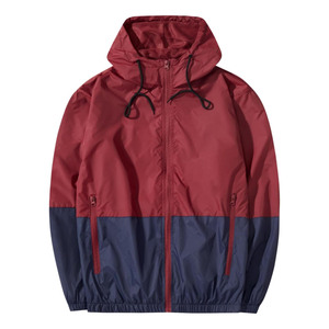 Men's Hooded Stand Collar Color Blocking Windbreaker <b>Jacket</b> Red Navy Polyester Casual Autumn <b>with</b> <b>Zipper</b> <b>Pockets</b> Front Logo - Product Image 1