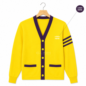 Cosh International Sisterhood Sorority Yellow <strong>Purple</strong> Contrast Color Knitted Long Sleeve V-neck <strong>Cardigan</strong> With Button Closure - Product Image 1