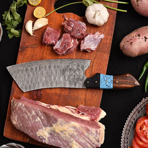Nouvelle édition haut de gamme : Ensemble de 5 couteaux de chef de cuisine en acier Damas, faits main et personnalisés, avec manche en bois et pierre, lame pleine longueur à bord droit - Product Image 4