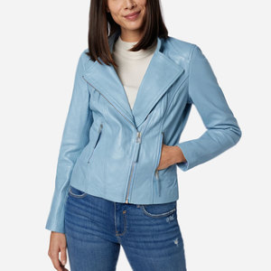 Chaqueta de Moto de Cuero PU Azul Claro para Mujer, Cuello Redondo, Cierre de Cremallera, Manga Larga, Corte Regular, Estilo Otoñal - Product Image 1