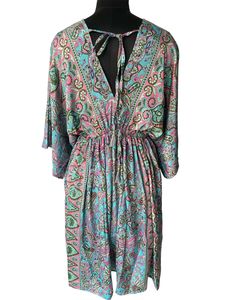 Robe mi-longue DHATI à imprimé floral bohème, col en V, manches trois quarts, coupe ample, taille élastique, 100% soie chiffon, décontractée pour l'été - Product Image 5