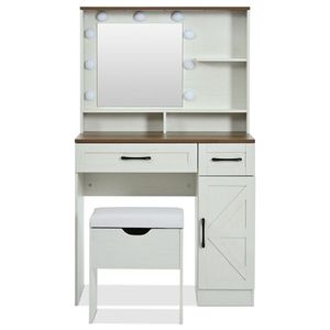 "Farmhouse Glass & Wood <b>Makeup</b> Vanity Desk with 3 Lighting Modes Adjustable Stool & <b>Mirror</b> Lights" - Product Image 5