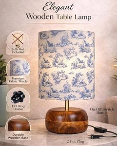 Lampe de table ronde en bois moderne et élégante, abat-jour en tissu, douille E27, motif bleu, décoration d'intérieur - Product Image 1